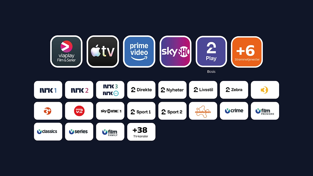 Stream Standard – TV via bredbånd med Viaplay, Apple TV, Prime Video, SkyShowtime, TV 2 Play og kanaler som NRK og TV 2 Sport.